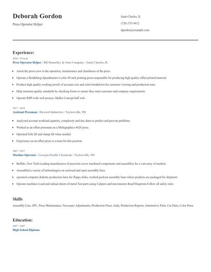 Press Operator Helper Resume