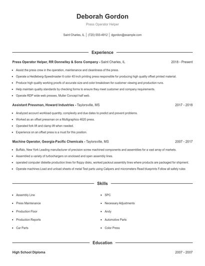 Press Operator Helper Resume