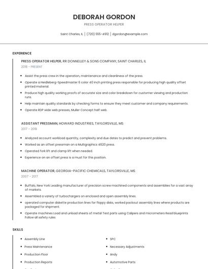 Press Operator Helper Resume