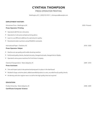 Press Operator Printing Resume