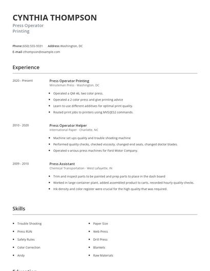 Press Operator Printing Resume
