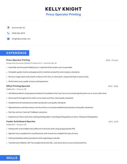 Press Operator Printing Resume