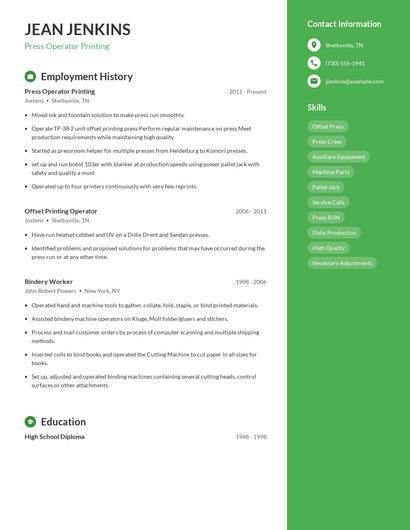 Press Operator Printing Resume