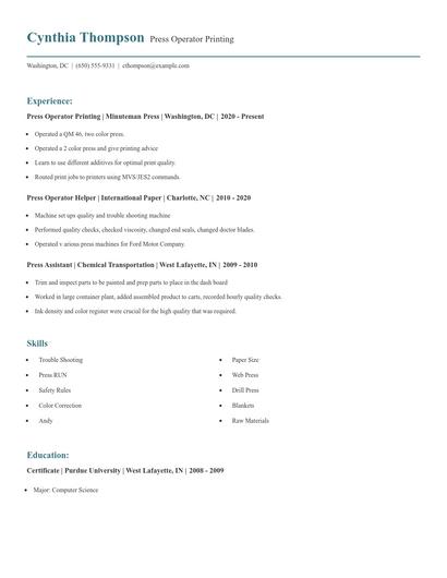 Press Operator Printing Resume