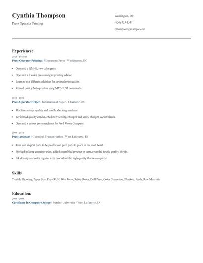 Press Operator Printing Resume