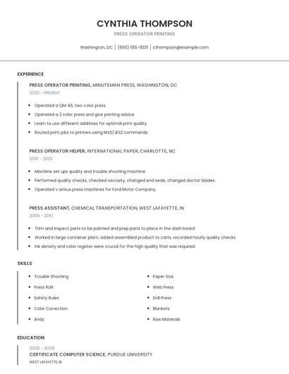 Press Operator Printing Resume