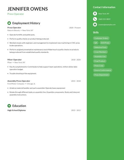 Press Operator Resume