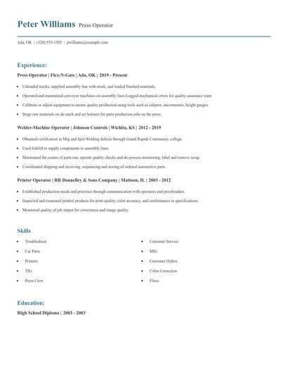 Press Operator Resume