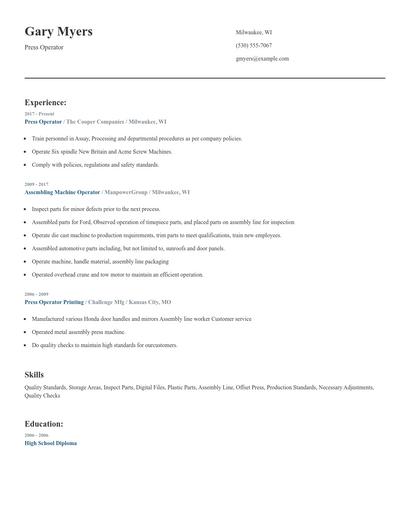 Press Operator Resume