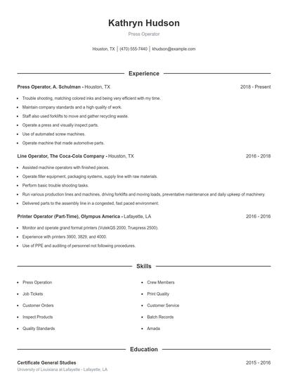 Press Operator Resume