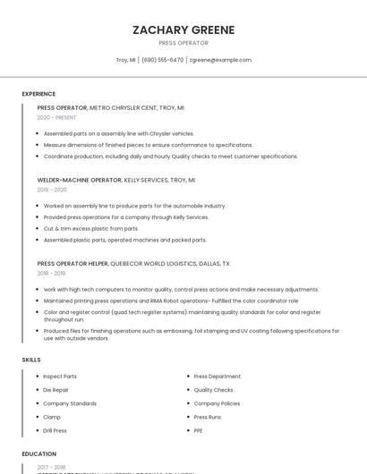 Press Operator Resume