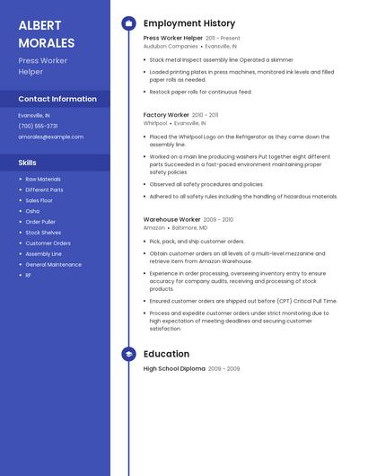 Press Worker Helper Resume