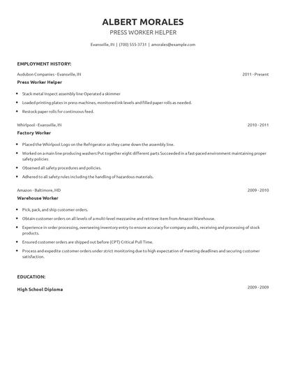 Press Worker Helper Resume