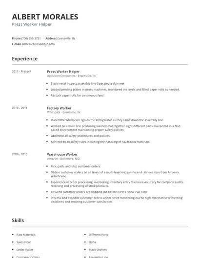 Press Worker Helper Resume