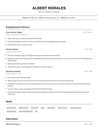 Press Worker Helper Resume