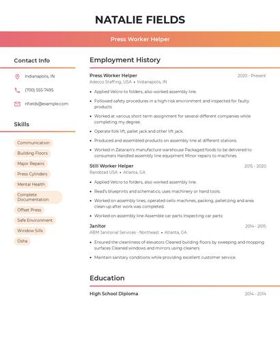 Press Worker Helper Resume
