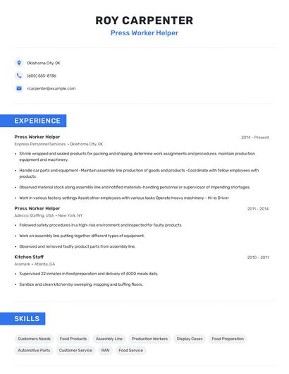Press Worker Helper Resume