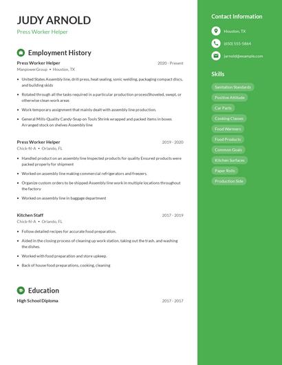 Press Worker Helper Resume