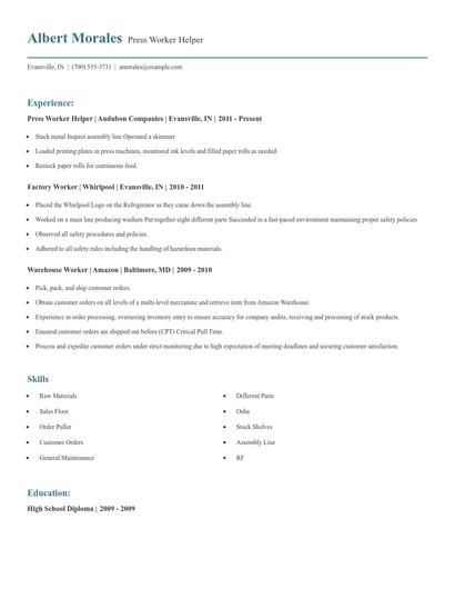 Press Worker Helper Resume