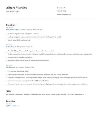 Press Worker Helper Resume