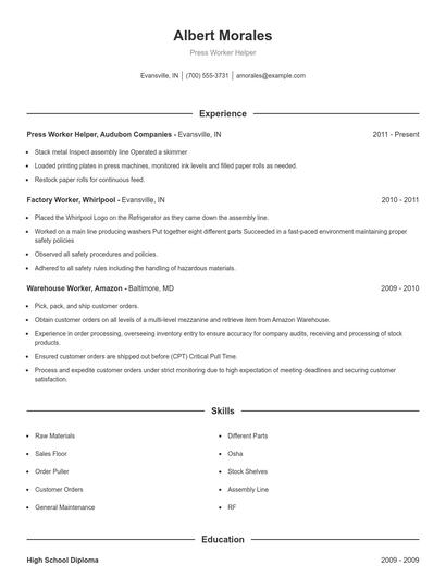 Press Worker Helper Resume