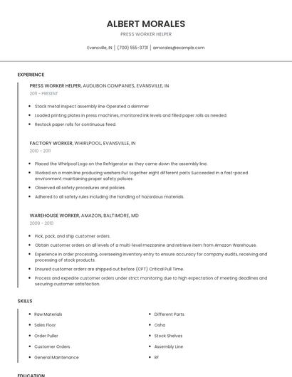 Press Worker Helper Resume