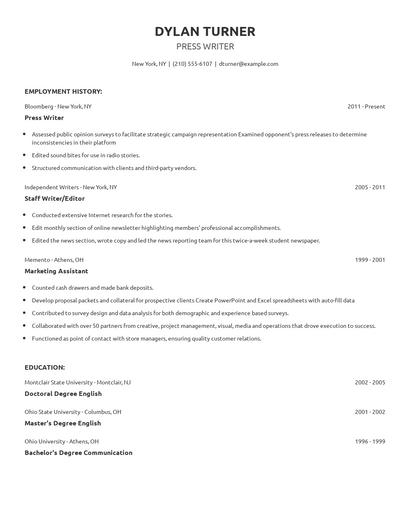 Press Writer Resume