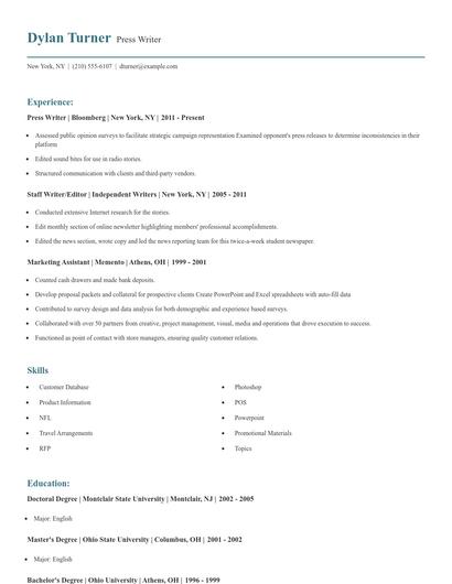 Press Writer Resume
