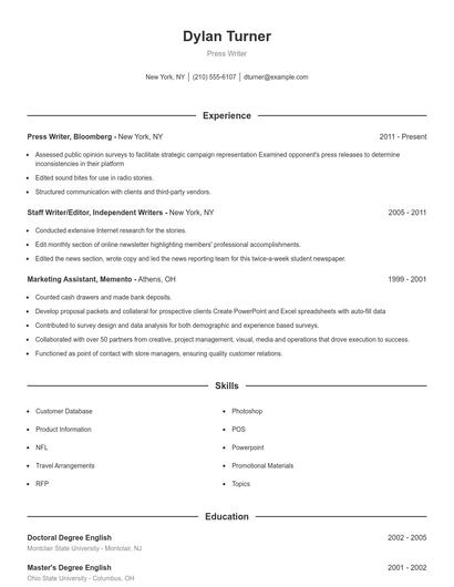Press Writer Resume