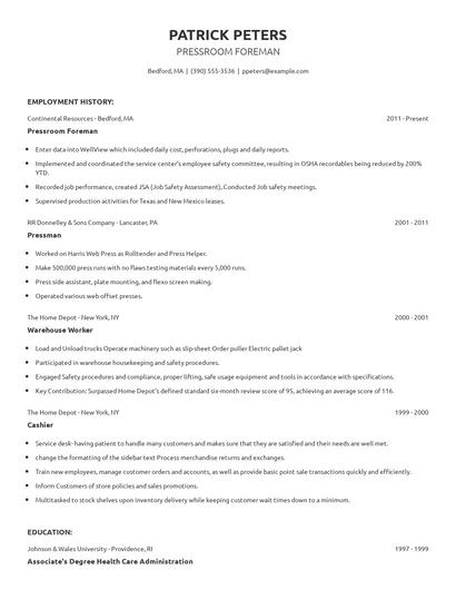 Pressroom Foreman Resume