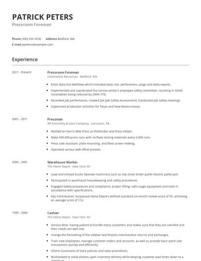 Pressroom Foreman Resume