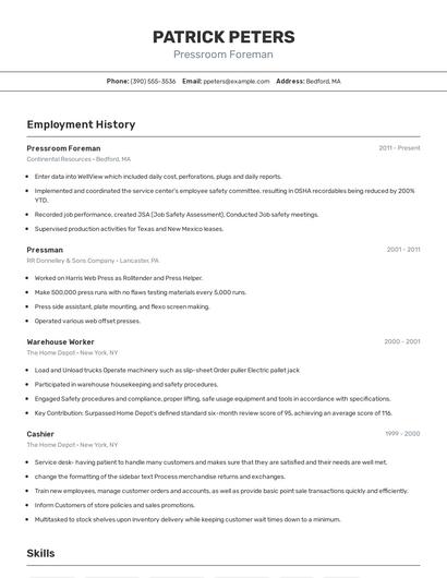 Pressroom Foreman Resume