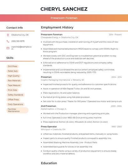 Pressroom Foreman Resume