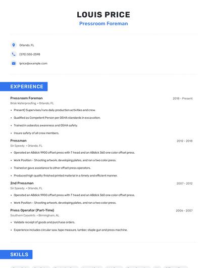 Pressroom Foreman Resume
