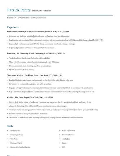 Pressroom Foreman Resume