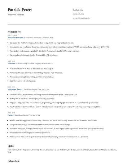 Pressroom Foreman Resume