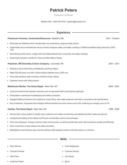 Pressroom Foreman Resume