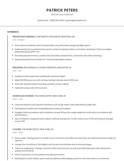 Pressroom Foreman Resume