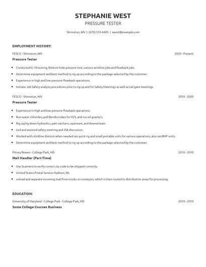 Pressure Tester Resume