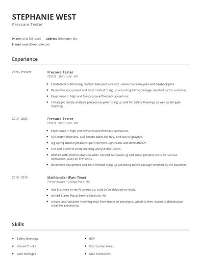 Pressure Tester Resume