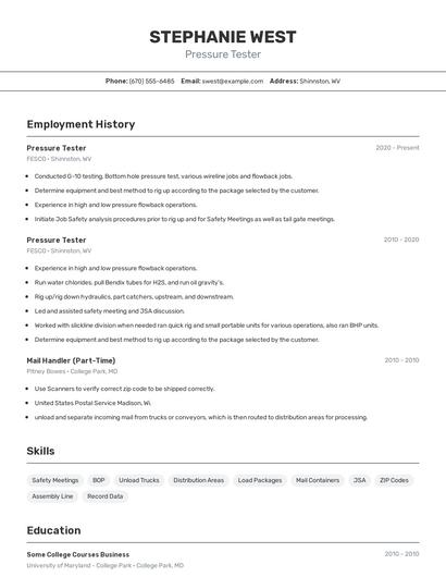 Pressure Tester Resume