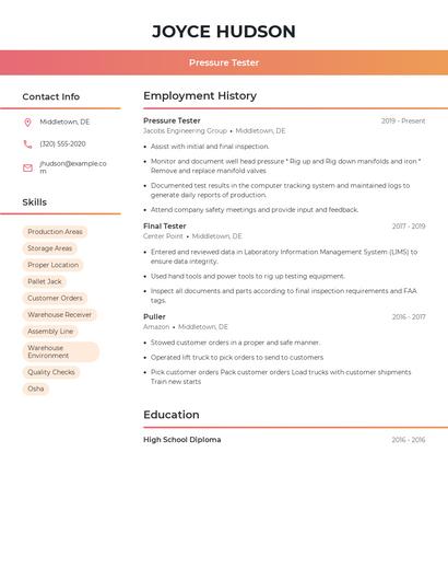 Pressure Tester Resume