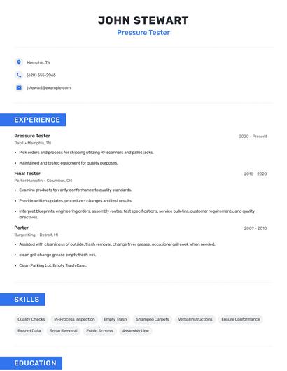 Pressure Tester Resume
