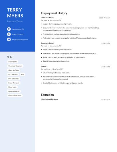 Pressure Tester Resume