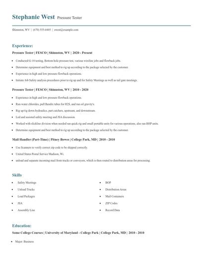 Pressure Tester Resume