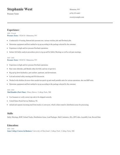 Pressure Tester Resume