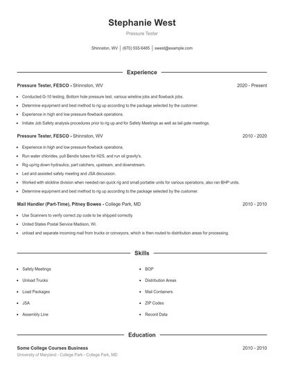 Pressure Tester Resume