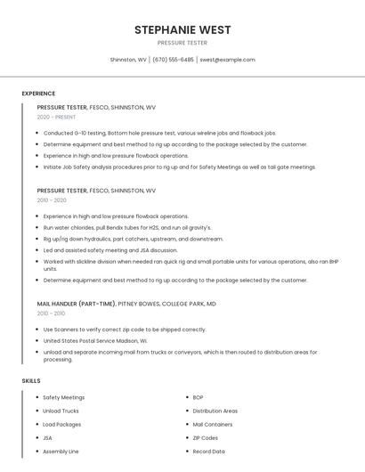 Pressure Tester Resume