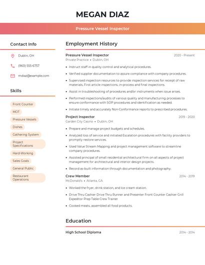 Pressure Vessel Inspector Resume