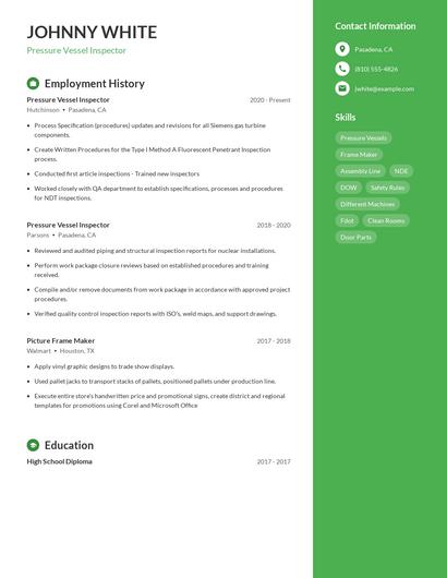 Pressure Vessel Inspector Resume